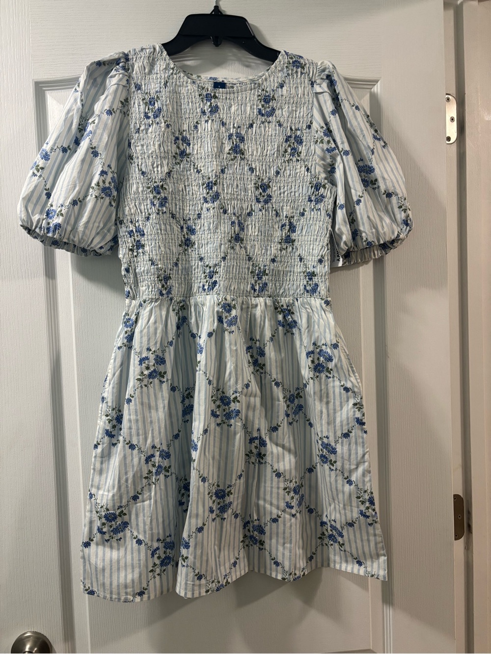 Ladies Blue Floral Smocked Puff Sleeve Dress
